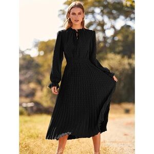 Long Sleeve V Neck Swiss Dot Pleated A Line Flowy Black Dress Wedding Formal